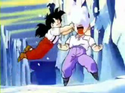 Gohan puts snow on Krillin's face to ease the pain