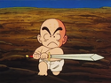 Krillin wielding a sword to protect himself and Bulma