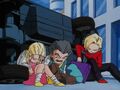 Marron, Krillin, and Android 18 knocked against a car