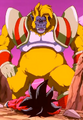 Goku laying on the ground in front of Golden Great Ape Baby Vegeta