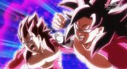 Xeno Goku and Xeno Vegeta perform the Limit Breaker Double Ultimate Dragon Fist.