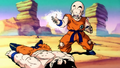 Krillin wields the Spirit Bomb given to him by Goku