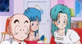 Krillin, Maron, and Bulma at Kame House