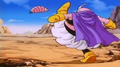 Majin Buu kicks Vegeta while he is wrapped in Potbelly Attack