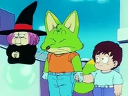Konkichi y Uranai Baba despidiendo a Goku