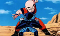 Krillin about to punch the Cell Jr.