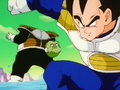 Vegeta ruthlessly severs Guldo's head with a sneak attack from behind