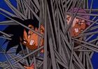 Bizu's metal wires hit Goku and Trunks