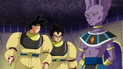 Beerus insieme a Goku e Vegeta.