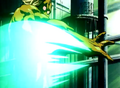 Bio-Broly fires an Eraser Cannon at Android 18 in Bio-Broly