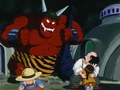 Oolong terrorizing Aru Village in the form of an Oni