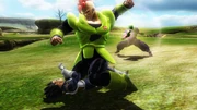 #16 punches Vegeta, while Piccolo charges a Special Beam Cannon behind them