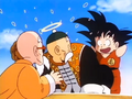 Gohan and Roshi startled as Goku asks what they are discussing