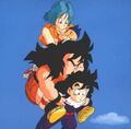 Yajirobe being carried by Gohan while holding Bulma and Trunks on his back