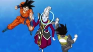 Whis autodefendiéndose de Son Goku y Vegeta.