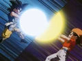 Goku and Pan fires Energy Waves at Luud
