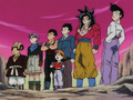 Mr. Satan, Trunks, Vegeta, Gohan, Pan, Super Saiyan 4 Goku and Goten standing side-by-side