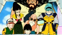 Bulma, Crilin, Chichi, Gohan e lo Stregone del Toro prima della partenza