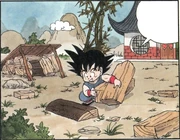 Goku picking up the broken pieces of wood