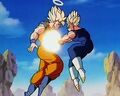 Vegeta prepares to blast Goku with the Dark Impact energy wave