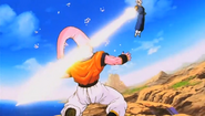 Super Vegito's Spirit Sword pierces Super Buu's head using Spirit Stab