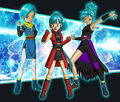 Viola, Note, and Forte in their Super Saiyan Blue forms