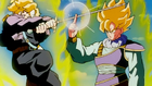 Super Saiyan Goku blocks Super Saiyan Future Trunks' Rapid Sword Stream with one finger