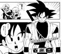 Xeno Goku equipped with his Power Pole while meeting Chronoa, Xeno Trunks, & Tokitoki inside the Time Nest in the Dark Demon Realm Mission manga