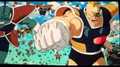 Blonde member of this race in Resurrection ‘F’ wearing a new Battle Armor throws a punch at Krillin