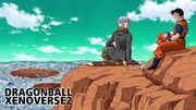 DBXV2 Artwork (Loading Screen) Artwork 02 (Unknown History Saga anime style - The History of Trunks homage featuring Time Patrol Future Trunks & Future Gohan overlooking a ruined city)