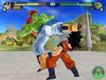 Goku (Mid.) uses the Sonic Sway to dodge Full Power Bojack's attacks in Budokai Tenkaichi 3