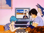 KBC News on in the background while Bulma and Yamcha are playing chess