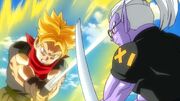 Fu clashing swords with Future Trunks in Super Dragon Ball Heroes Universe Mission 1