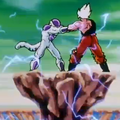 Frieza and Goku locked in a struggle