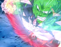 As Goku uses the Kaio-ken x100, giant projections of himself and Piccolo appear