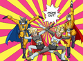 Trunks, Goten, Gamma 1, and Gamma 2 performing team pose in Dragon Ball Super manga