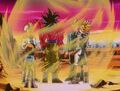 Z Fighters powering up to restore SS4 Goku's energy