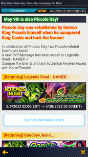 DB Legends News (Goku Day Campaign event) May 9th is also Piccolo Day (Legends Road - NAMEK)