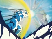 Goku lança um Kamehameha diretamente em Cell