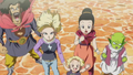 Mr. Satan, Android 18, Marron, Chi-Chi, and Dende in Battle of Gods