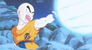 Cooler's Revenge - Krillin fires energy wave at rubble to protect Oolong