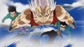 Goten, Baby Vegeta, and Gohan flying in a promo for Dragon Ball Heroes