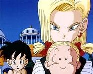 Marron y Número 18 viendo la fusión de Goten y Trunks.