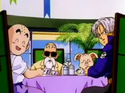 Krillin, Master Roshi, Oolong and Future Trunks at the next table