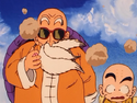 Master Roshi's beard blown away as Goku darts past