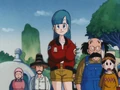 The townsfolk are astonished as they see Goku riding on the Flying Nimbus