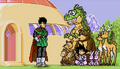 Gohan, Goten, and some animals outside the house in Idainaru Son Goku Densetsu