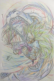 Goku transformado en Supersaiyano 3 utilizando el Puño del Dragón.