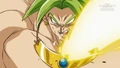 Legendary Super Saiyan Broly hit with Super Saiyan God Xeno Trunks' punches after time unfreezes in Super Dragon Ball Heroes episode 29, "Push Forward to the Battlefield! Dragon Ball Heroes"