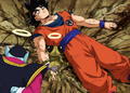 Goku severely injured from the battle with Beerus